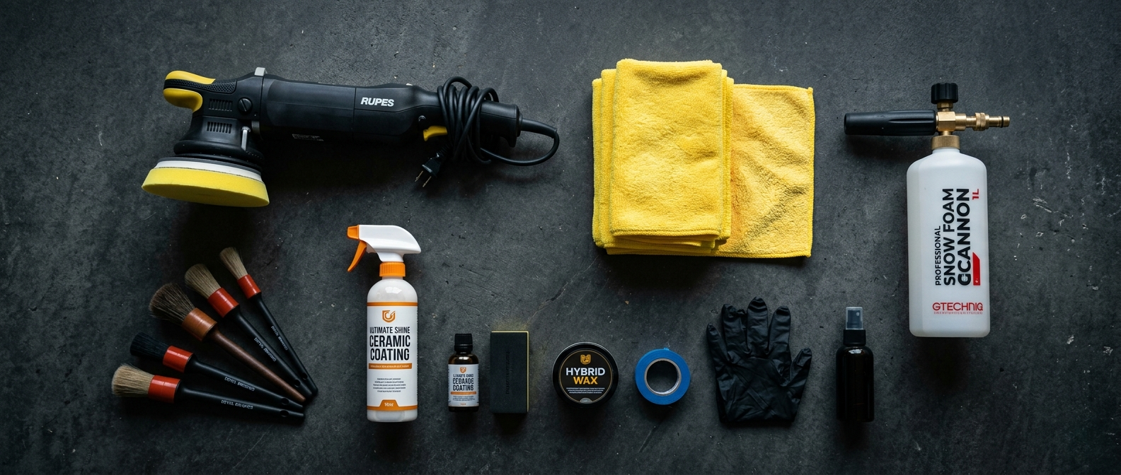 Flat lay of professional car detailing tools and products including a Rupes dual action polisher, ceramic coating spray, hybrid wax, detailing brushes, yellow microfiber towels, foam cannon, and black nitrile gloves on a dark garage floor